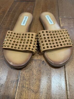 Steve Madden Tan Slide Sandals with Gold Studs